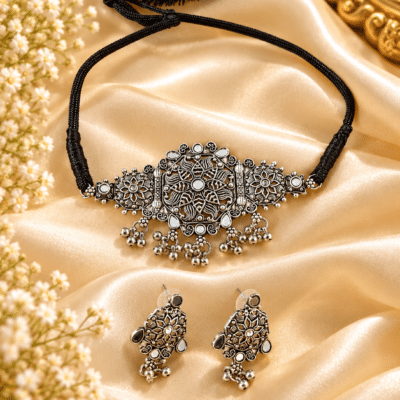 KANYORA Oxidized Silver Tribal Choker Necklace Set
