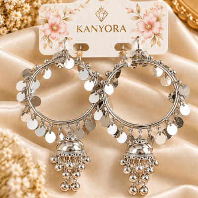 KANYORA Silver Oxidized Jhumka Hoop Earrings