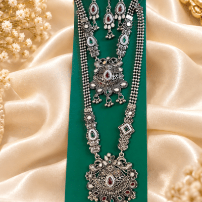 KANYORA Traditional Oxidized Silver Necklace Set