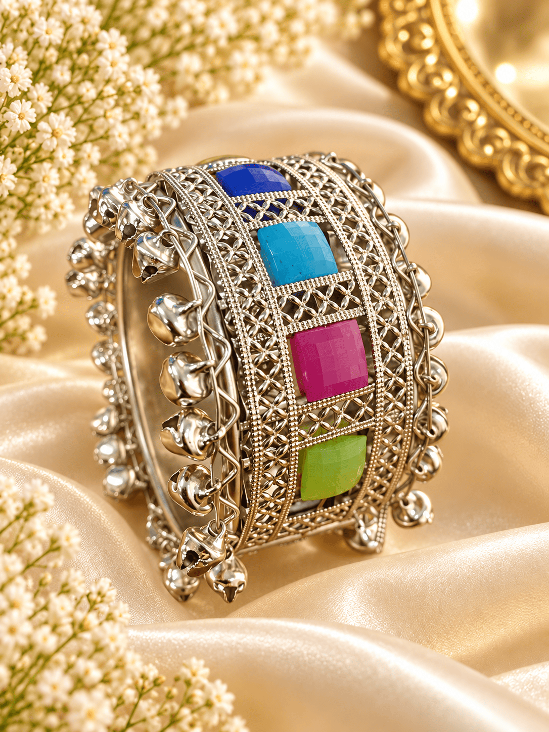 Multicolor Stone Studded Silver-Tone Cuff Bracelet