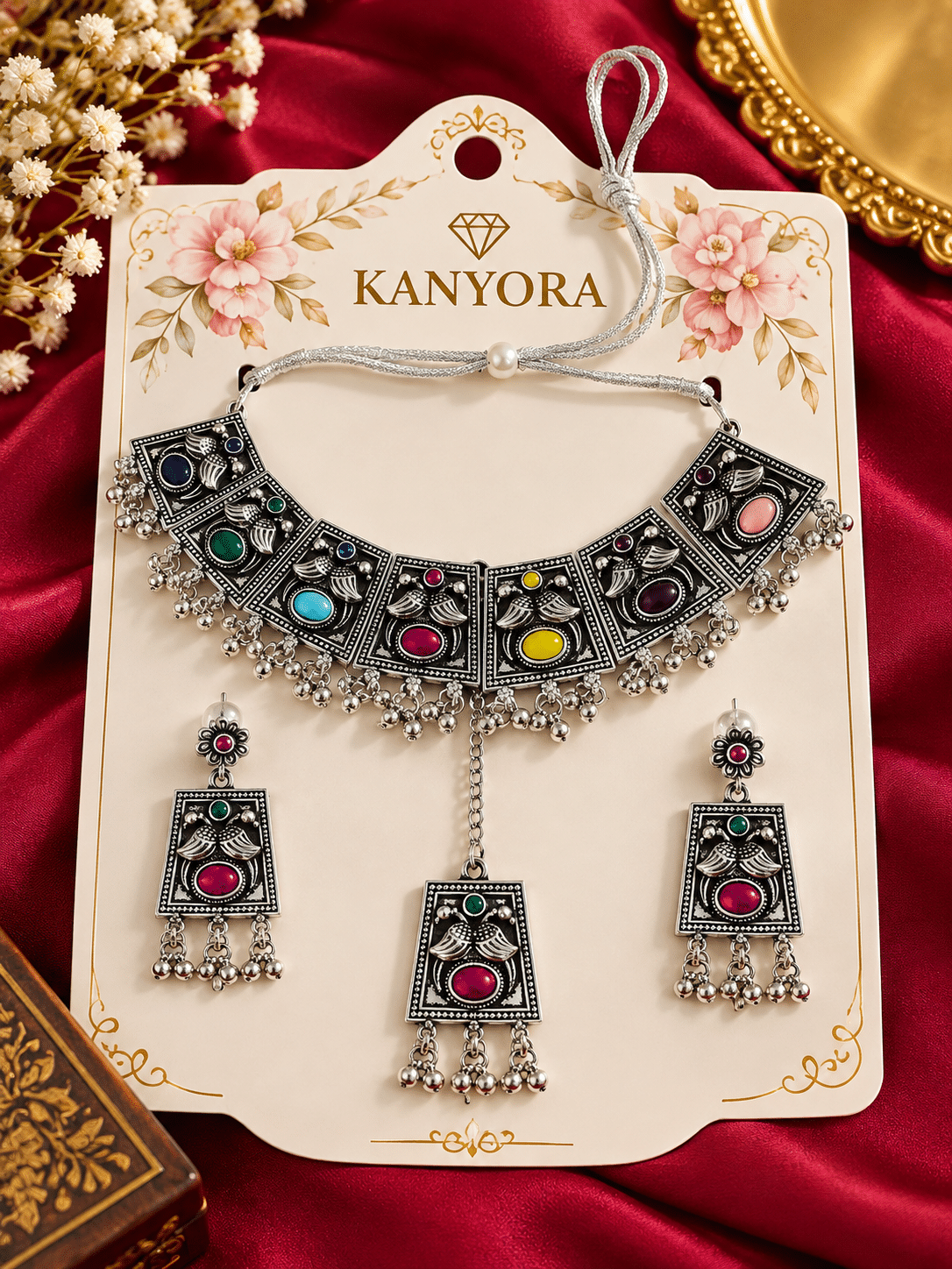 KANYORA Multicolor Oxidized Silver Statement Necklace Set