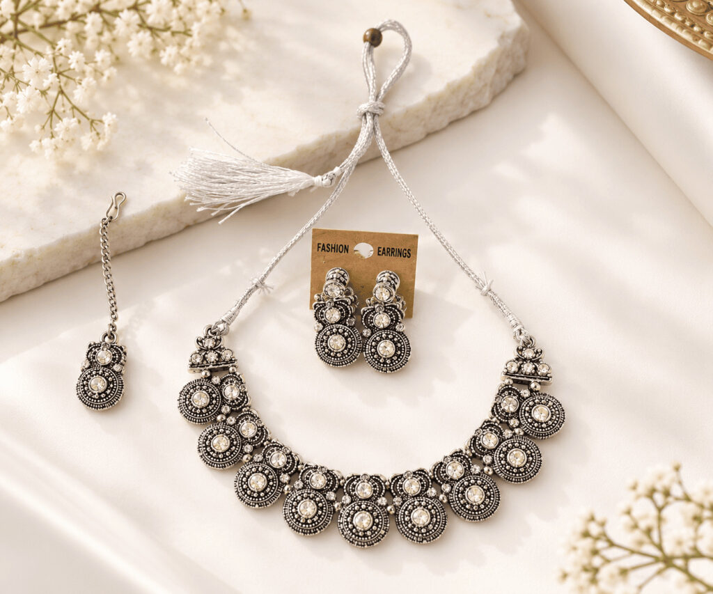 Elegant Oxidized Silver Necklace Set with Matching Earrings & Bracelet