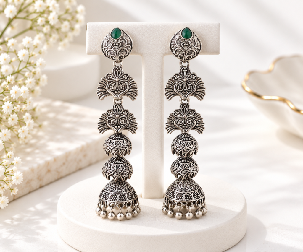 Green Stone Antique Silver Long Earrings