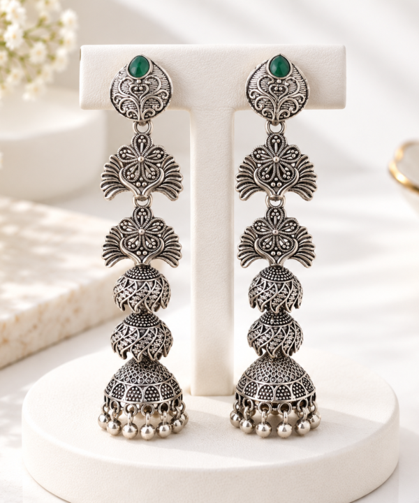 Green Stone Antique Silver Long Earrings