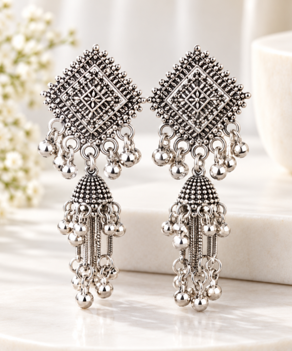 Geometric Silver Tassel Earrings