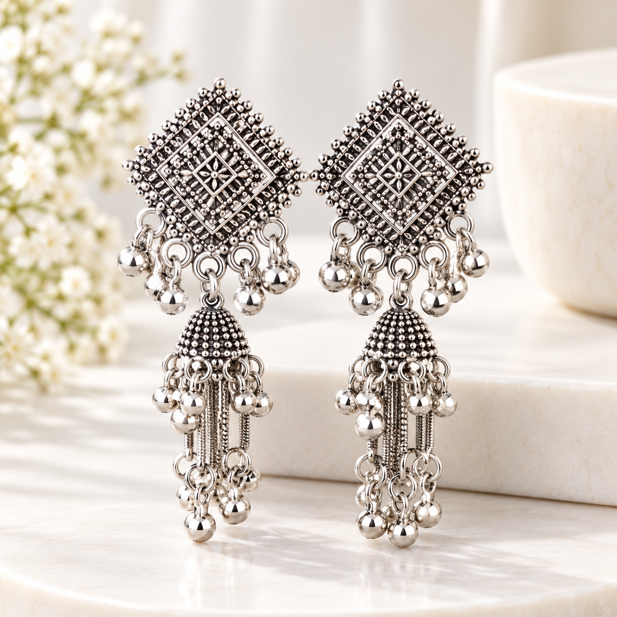 Geometric Silver Tassel Earrings