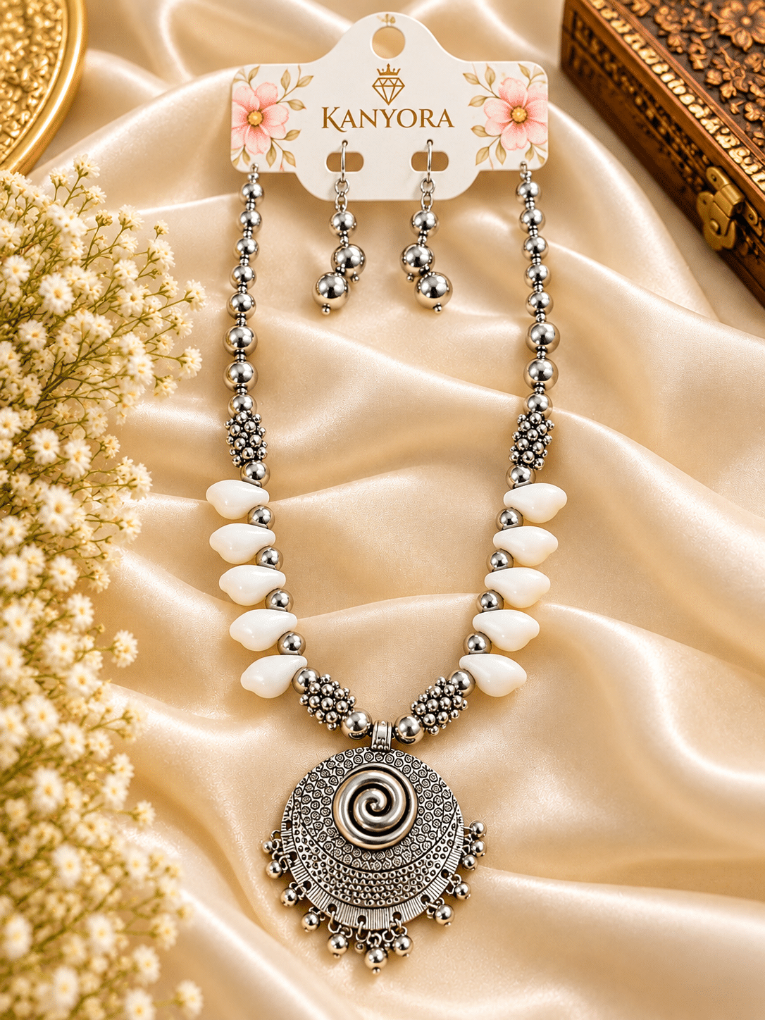 KANYORA Oxidized Silver White Stone Pendant Necklace Set