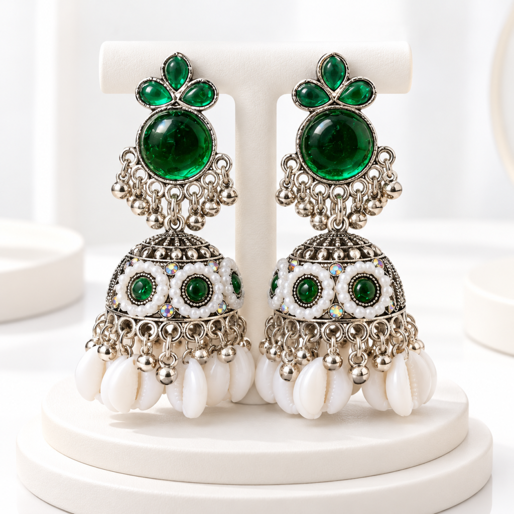 Emerald Green Stone Jhumka Earrings