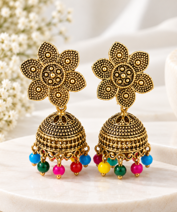 Ornate Gold Jhumka Earrings with Colorful Beads