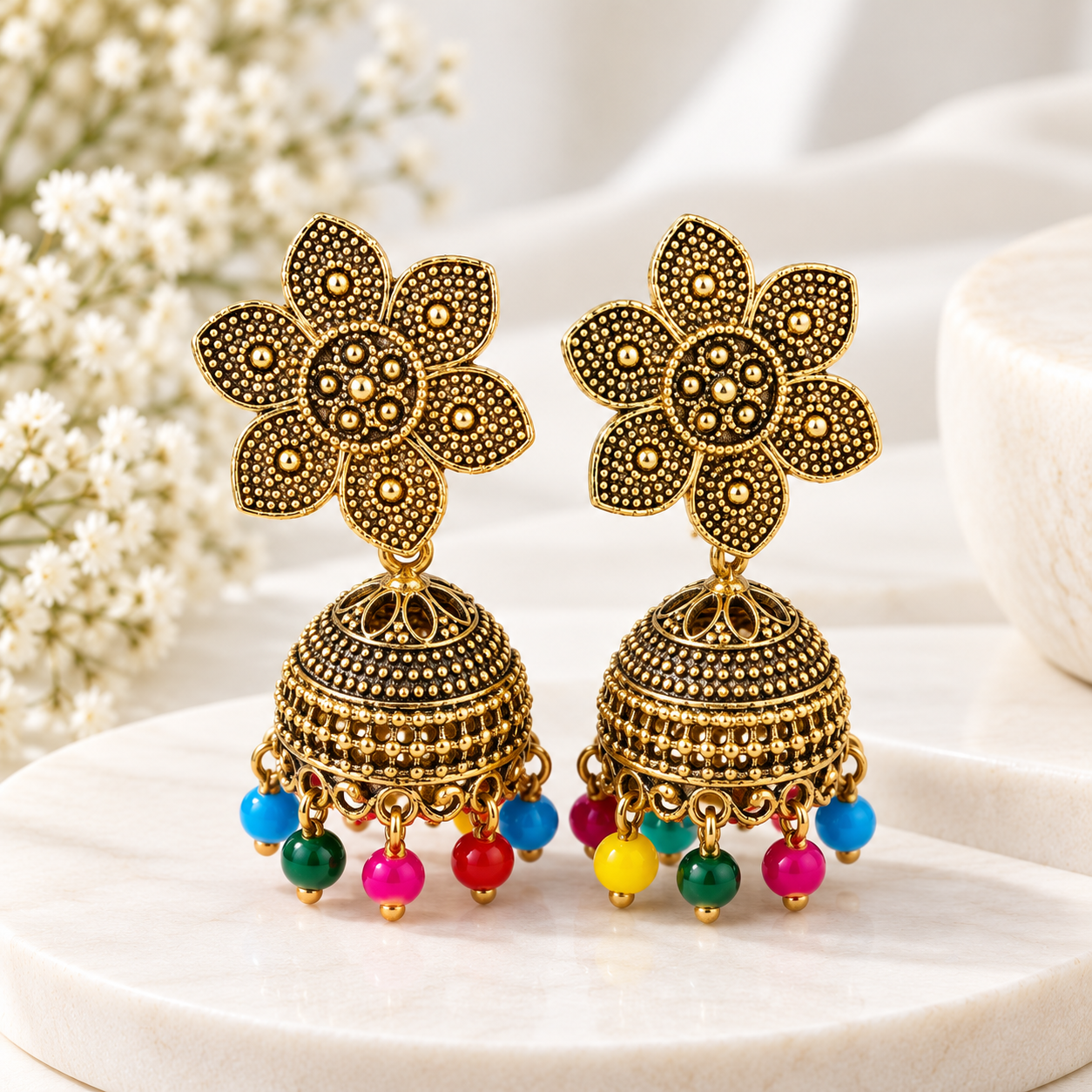 Ornate Gold Jhumka Earrings with Colorful Beads