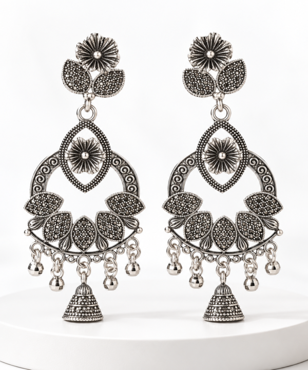 Floral Oxidized Silver Chandelier Earrings