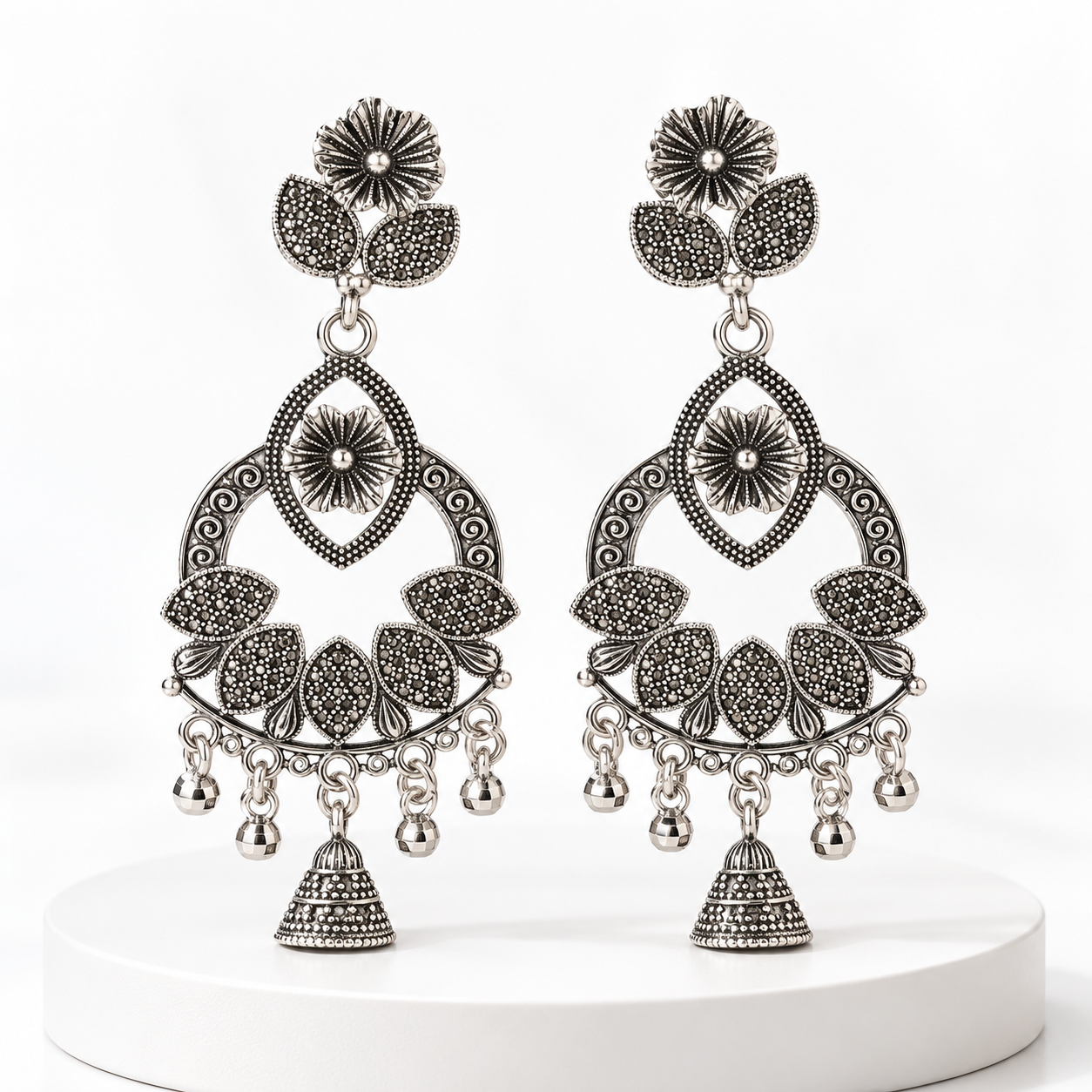 Floral Oxidized Silver Chandelier Earrings