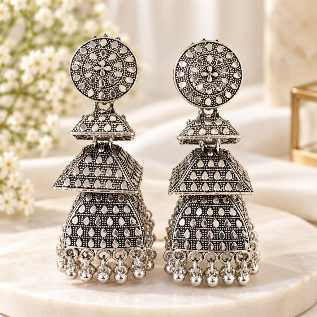 Traditional Oxidized Silver Tiered Jhumka Earrings