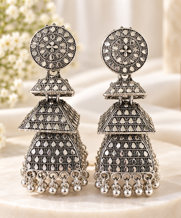 Traditional Oxidized Silver Tiered Jhumka Earrings