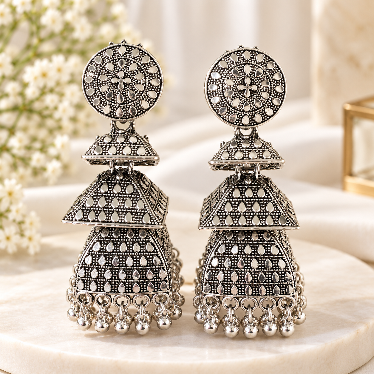 Traditional Oxidized Silver Tiered Jhumka Earrings