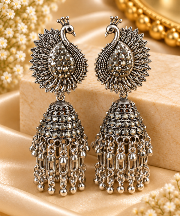 Antique Peacock Silver-Tone Jhumka Earrings
