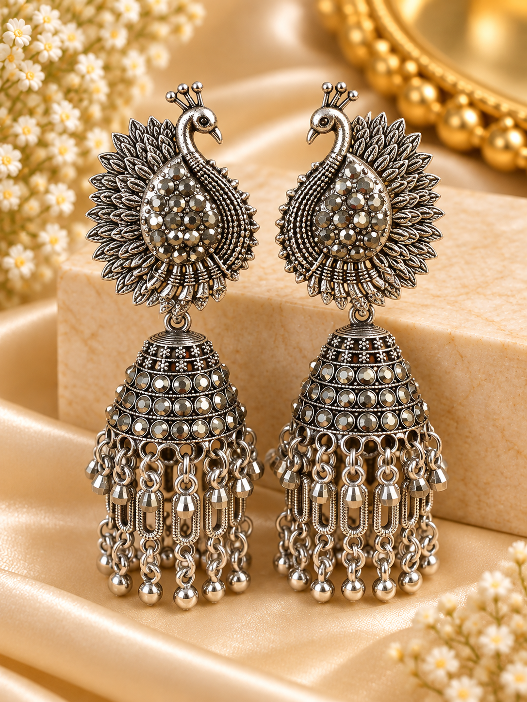 Antique Peacock Silver-Tone Jhumka Earrings