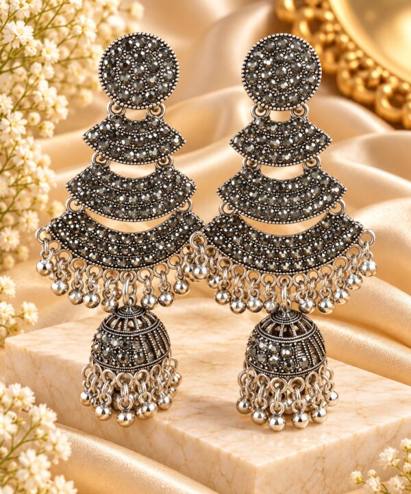 Black Stone Oxidized Silver Chandbali Jhumka Earrings for Women