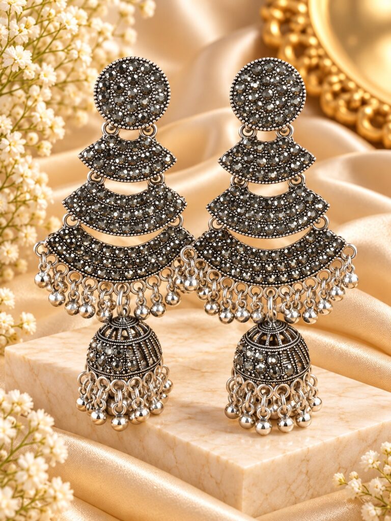 Black Stone Oxidized Silver Chandbali Jhumka Earrings for Women
