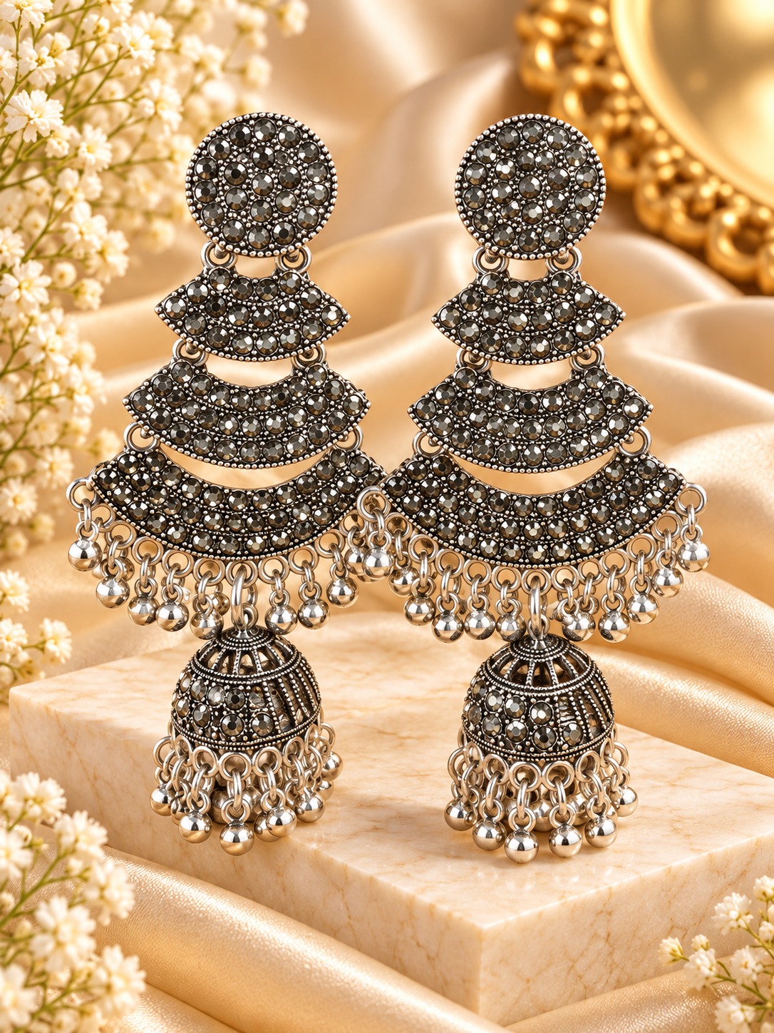 Black Stone Oxidized Silver Chandbali Jhumka Earrings for Women