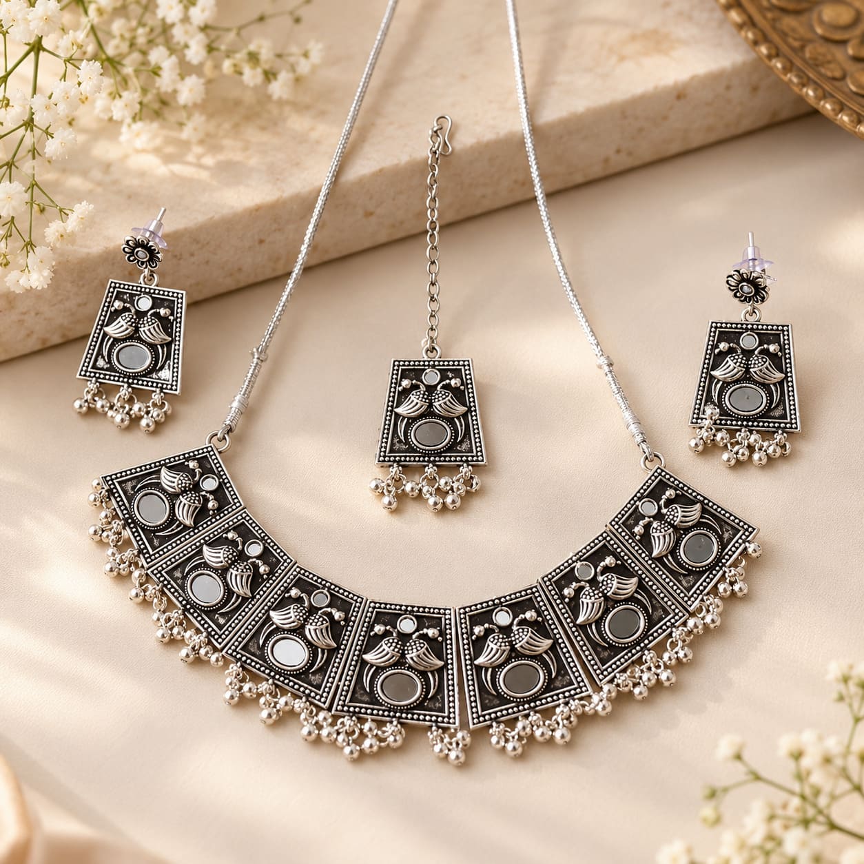 Traditional Oxidized Silver Necklace Set with Matching Earrings & Maang Tikka