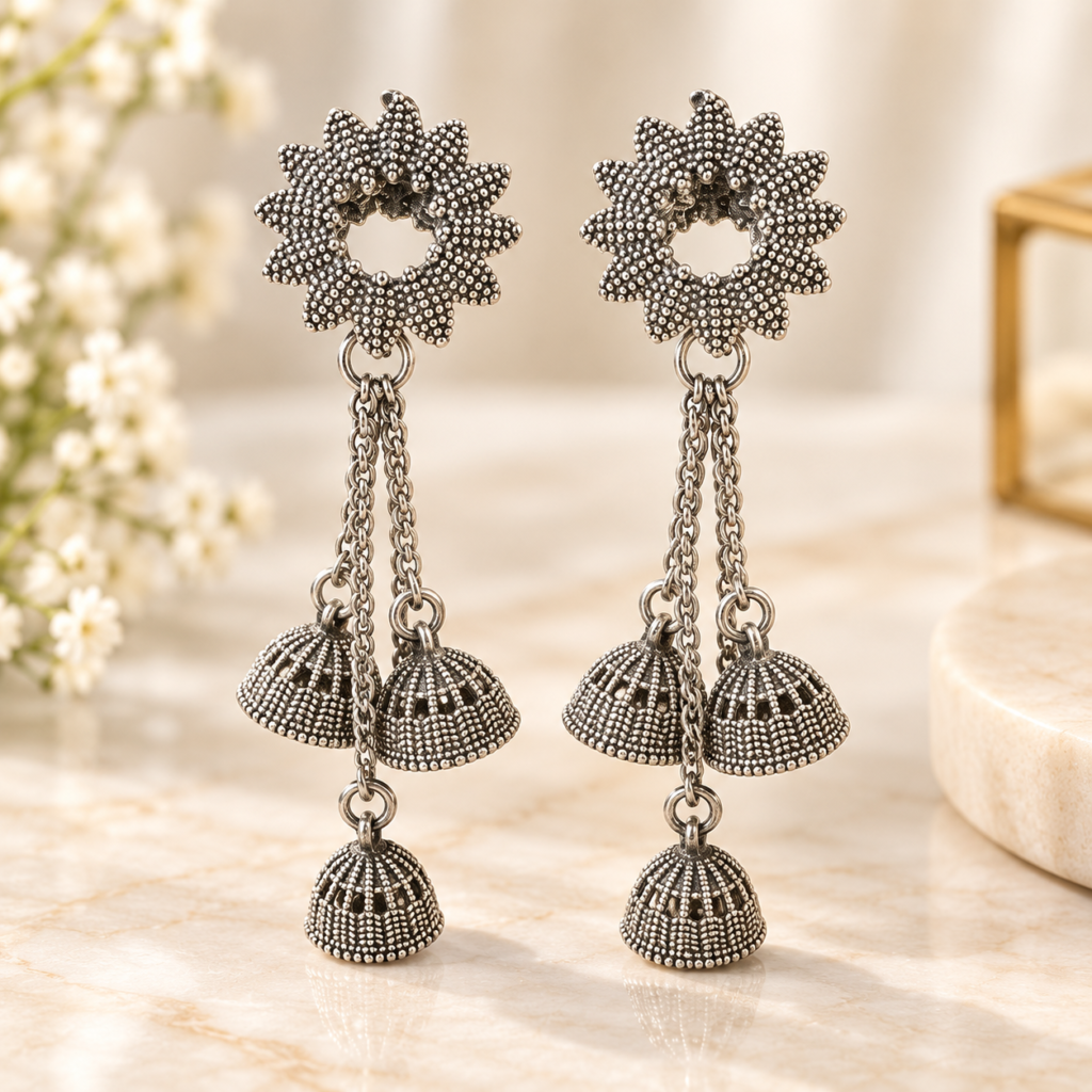Antique Oxidized Silver Chain Jhumka Earrings