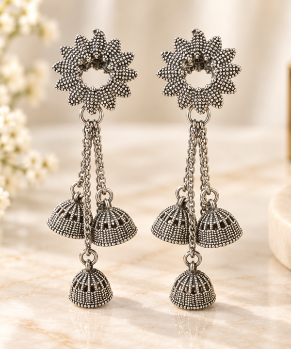 Antique Oxidized Silver Chain Jhumka Earrings