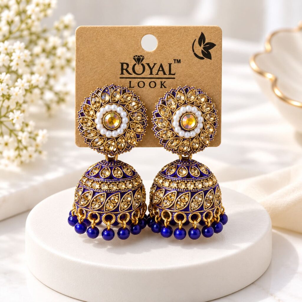 Royal Blue & Gold Kundan Jhumka Earrings with Pearl Accents