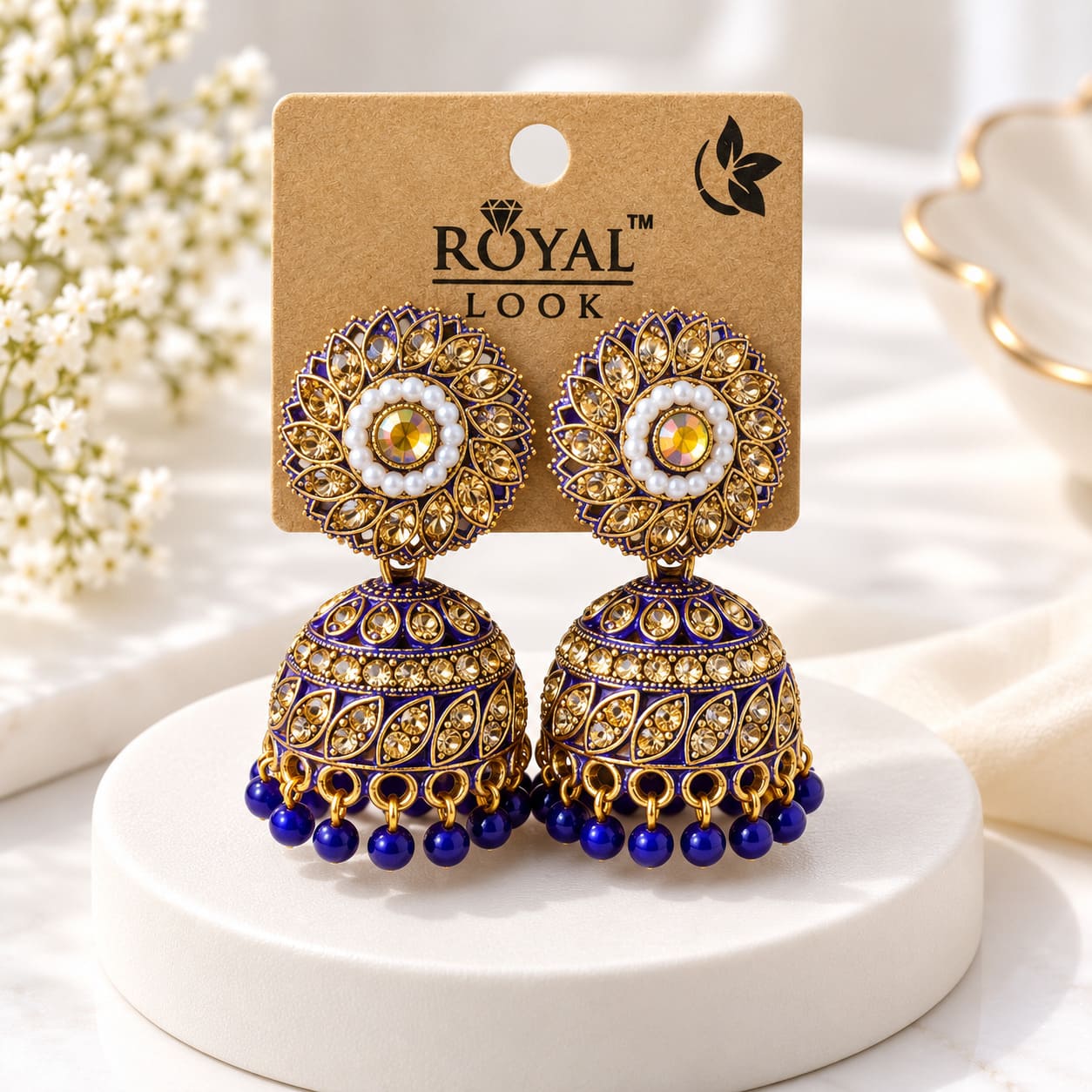 Royal Blue & Gold Kundan Jhumka Earrings with Pearl Accents