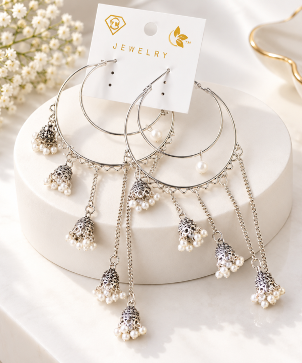 Silver Hoop Earrings with Pearl Jhumka Charms