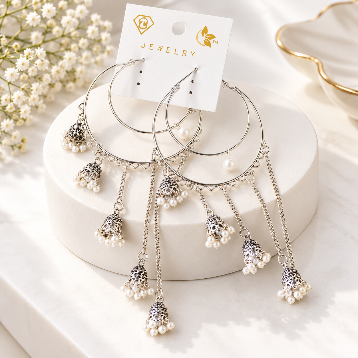 Silver Hoop Earrings with Pearl Jhumka Charms