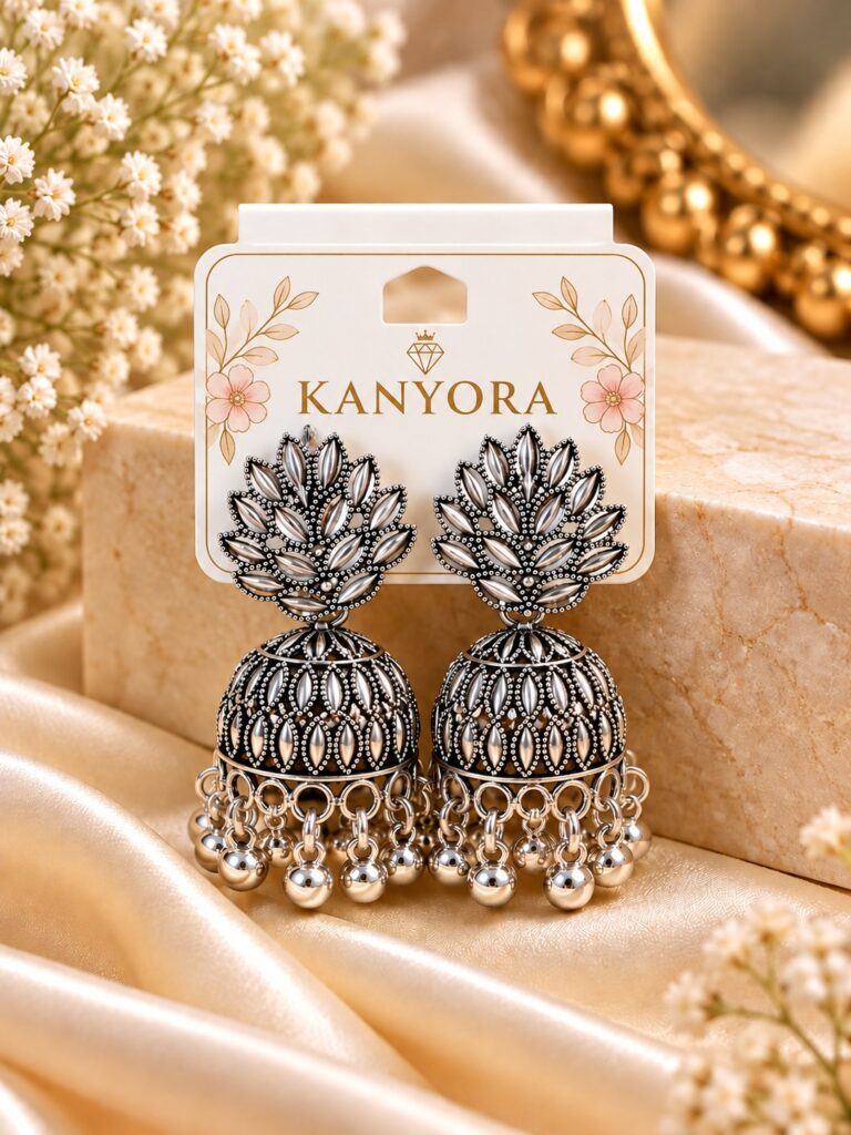 Black Antique Silver Jhumka Earrings