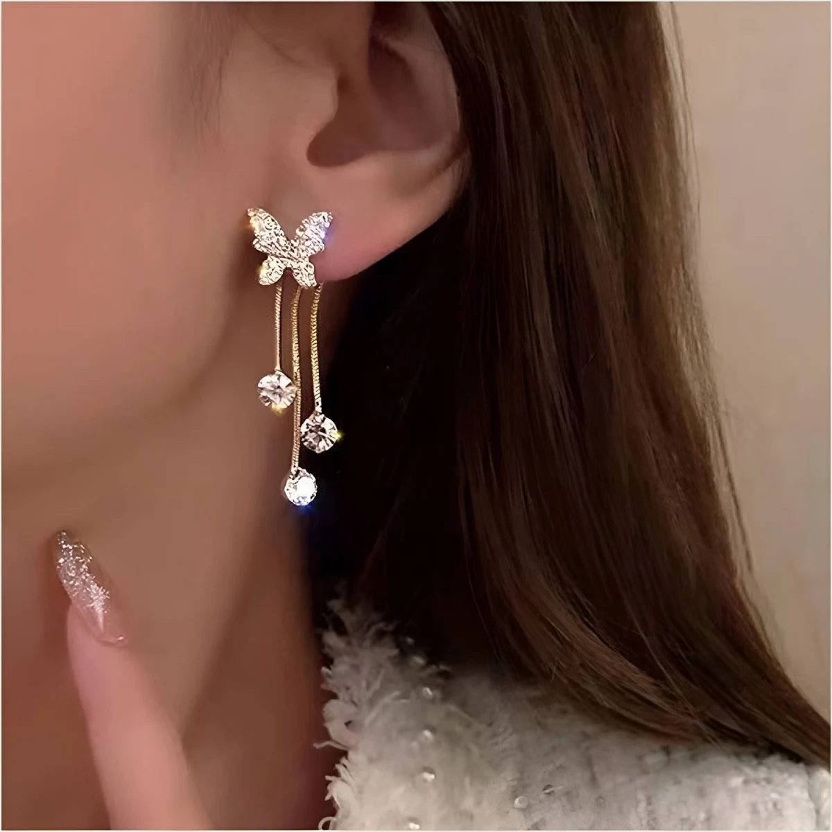 Korean Style Studded Butterfly Tassel Drop Earrings